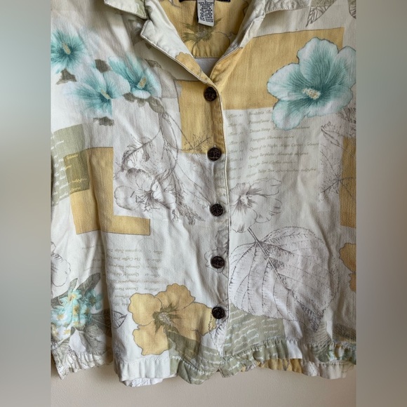 Caribbean Joe Tropical Beige Green Button Front Short Sleeve Blouse Top Large - Picture 4 of 5